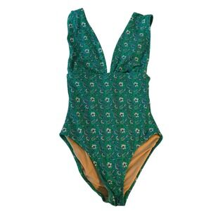 J. Crew Green‎ Floral Plunge One Piece Swimsuit  XS. EUC